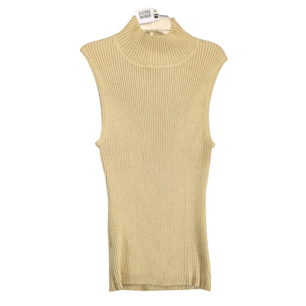 Vtg 80s Victor Costa Gold‎ Metallic Ribbed Knit Top Women's L Sleeveless Mock Nk